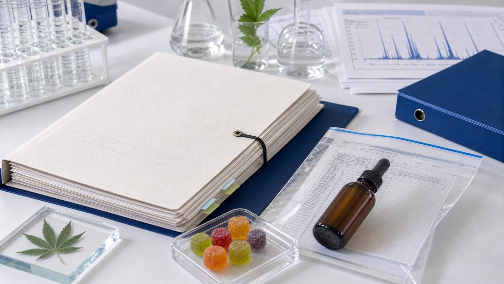 Photo réaliste de dossier réglementaire, flacon CBD et gummies analysés comme échantillons