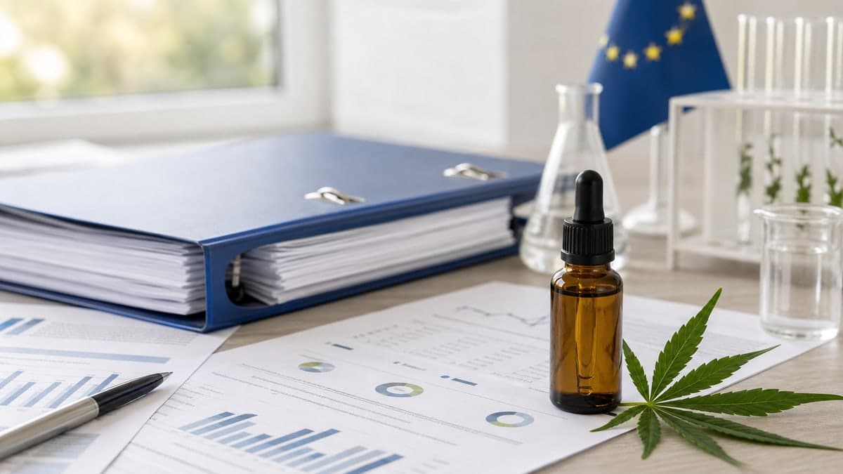 Photo éditoriale de flacon CBD avec document réglementaire européen