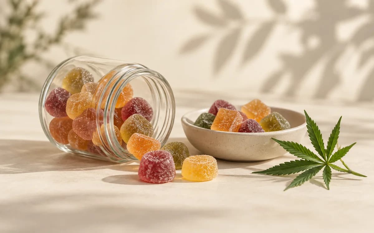 Gummies CBD colorés présentés dans un bocal et une coupelle