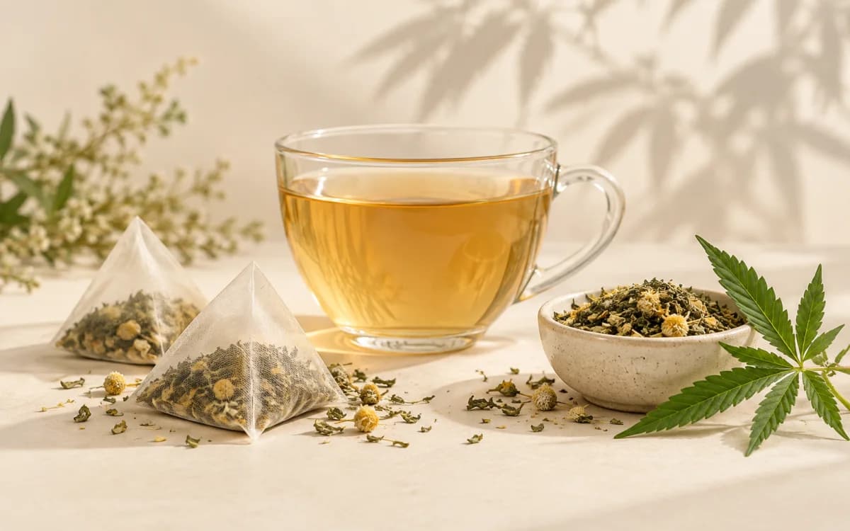 Tasse d’infusion CBD avec sachets de thé, plantes séchées et feuilles de chanvre