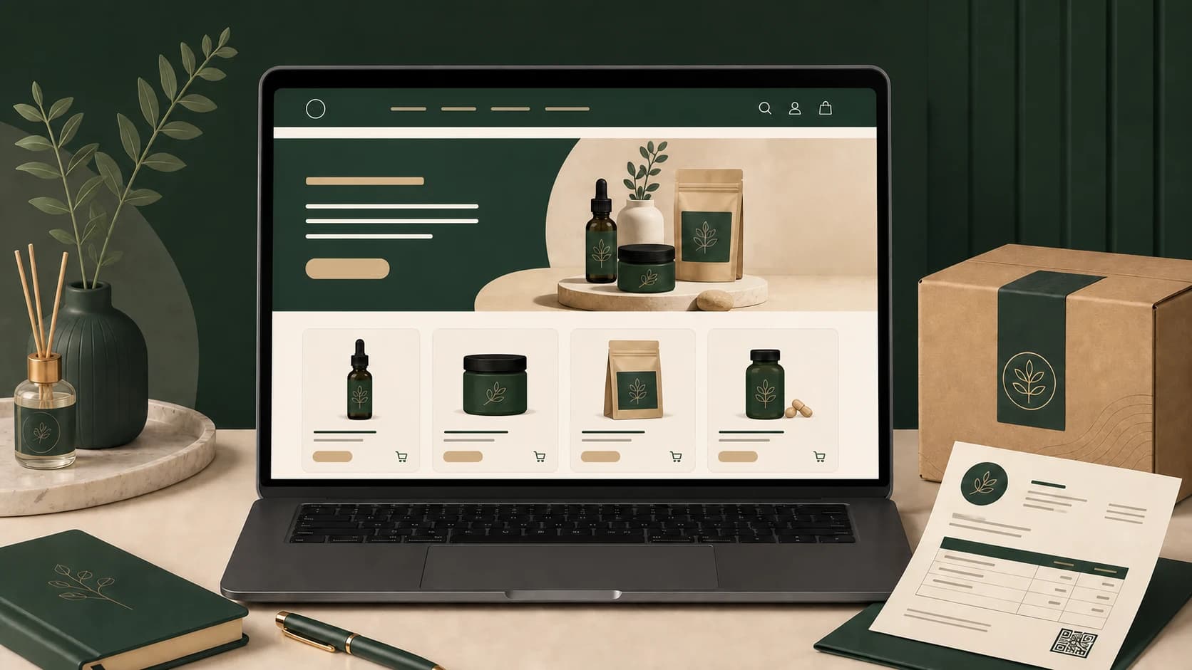 Ordinateur affichant une boutique CBD en ligne ouverte avec produits, colis et facture.