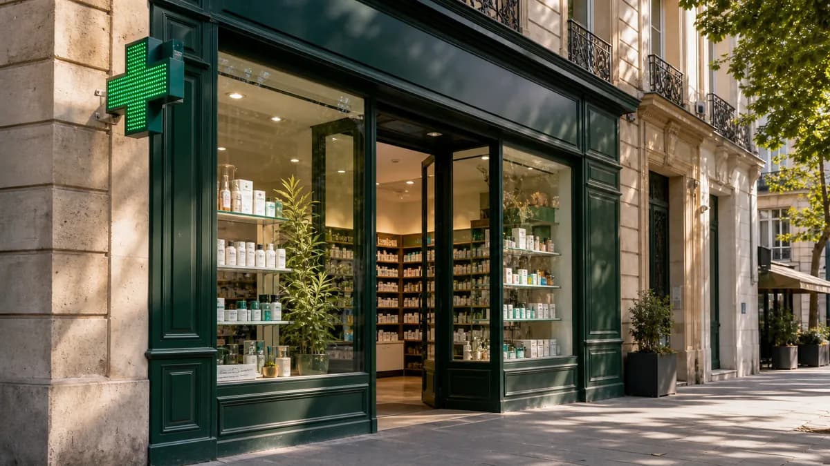 Devanture de pharmacie française pour comparer l’achat de CBD en pharmacie et en ligne.