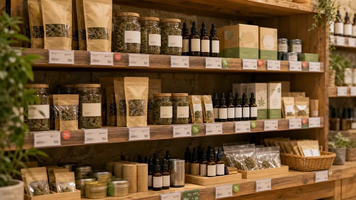 Rayon de produits CBD avec étiquettes prix et promotions pour comparer les petits prix.