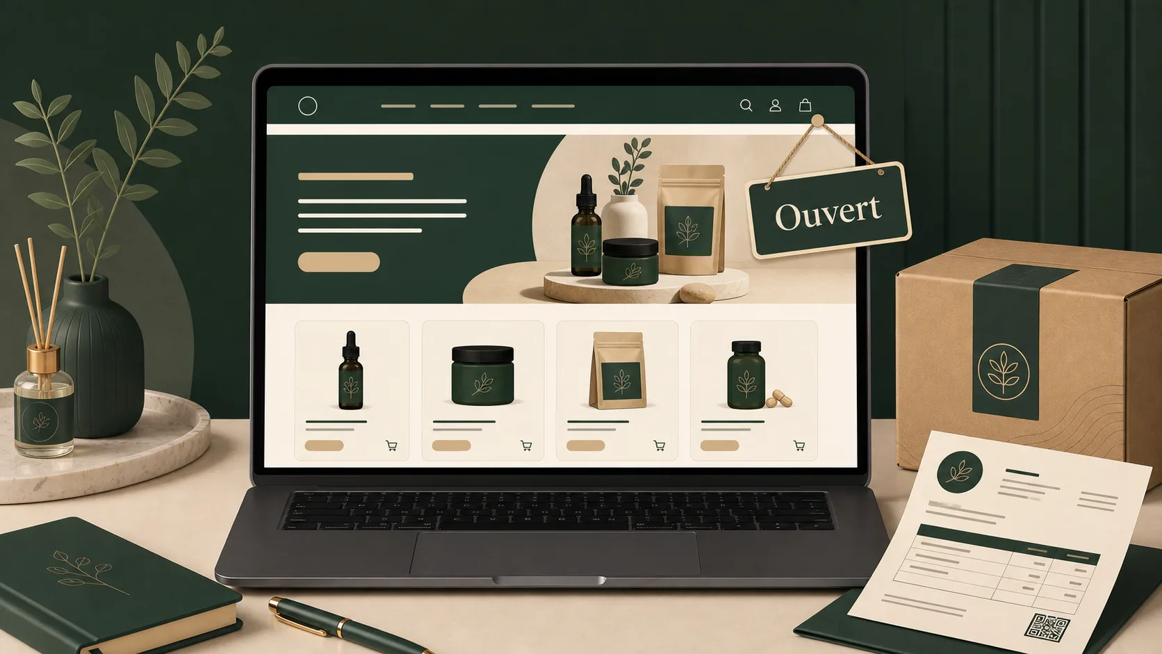 Ordinateur affichant une boutique CBD en ligne ouverte avec produits, colis et facture.