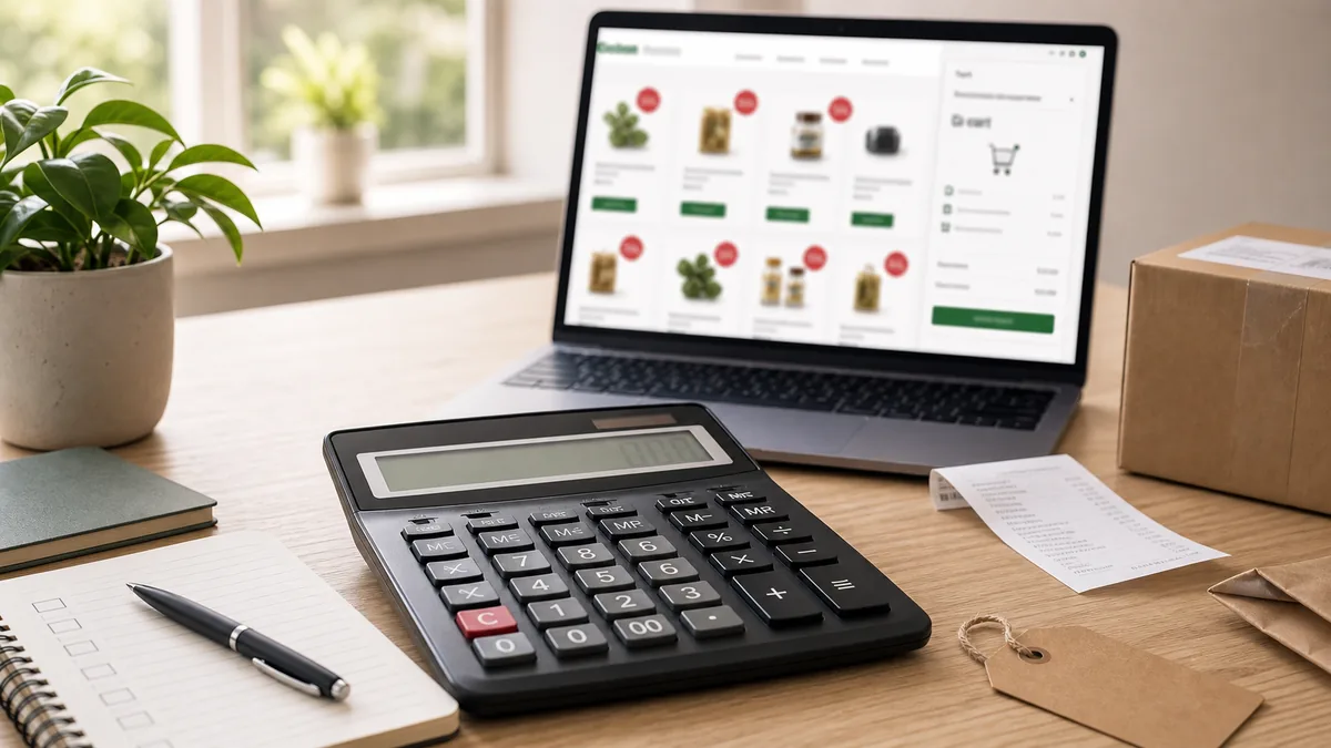 Calculatrice, panier en ligne et colis pour vérifier le prix final des promotions CBD.