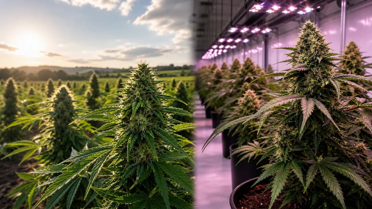 Fleurs CBD cultivées en extérieur et en indoor sous lampes LED.