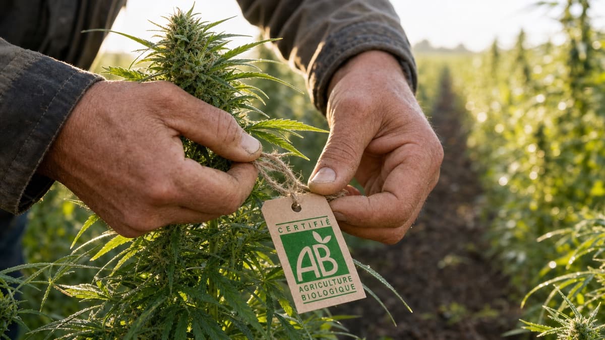 Illustration éditoriale d’un producteur attachant une étiquette AB à un plant de chanvre