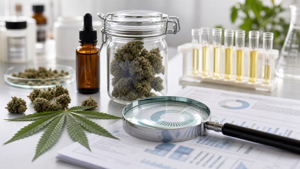 Photo réaliste de produits CBD avec documents d’analyse
