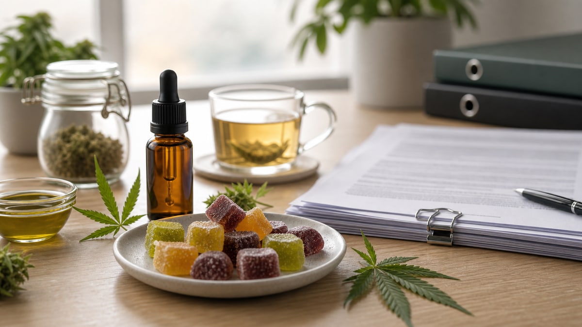 Photo réaliste de produits CBD alimentaires sur un bureau avec document réglementaire