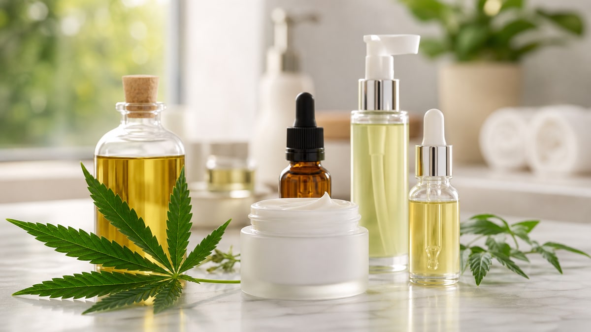 Photo réaliste de produits cosmétiques avec feuilles de chanvre