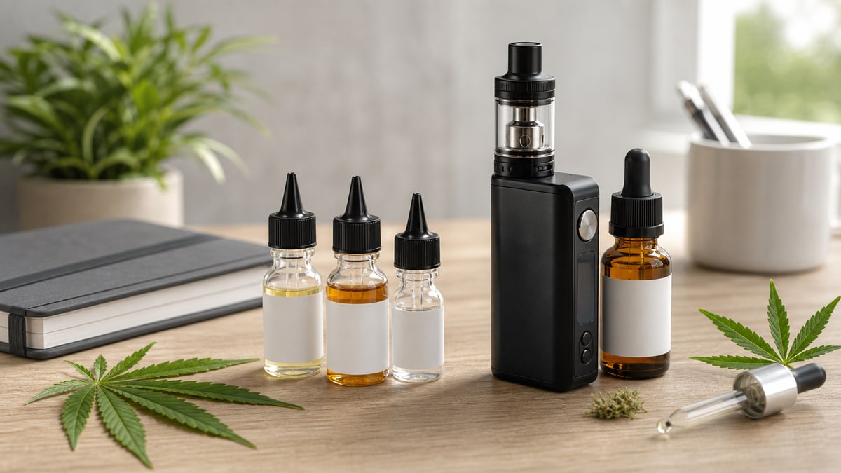 Photo réaliste d’un flacon e-liquide CBD avec cigarette électronique